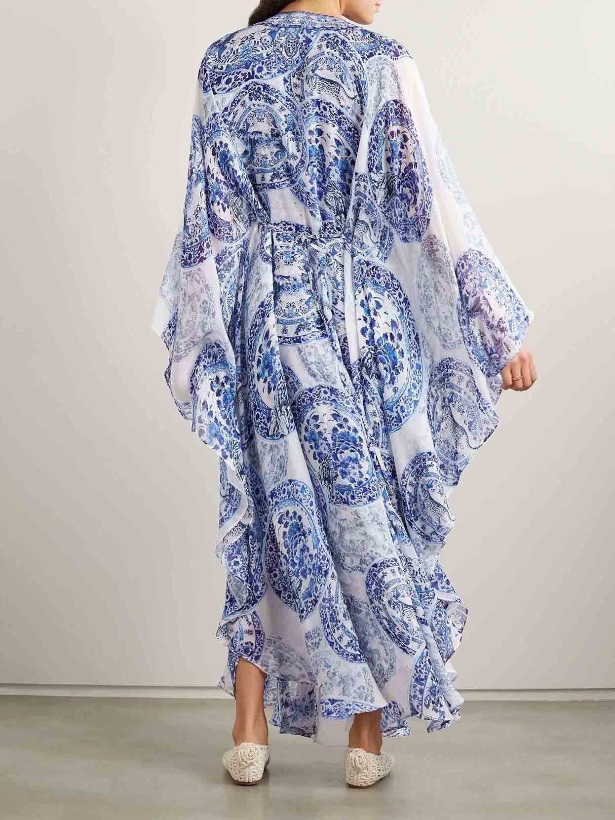 Chinoiserie Tiger Print Chiffon Deep V-Neck Batwing Kaftan Maxi Dress