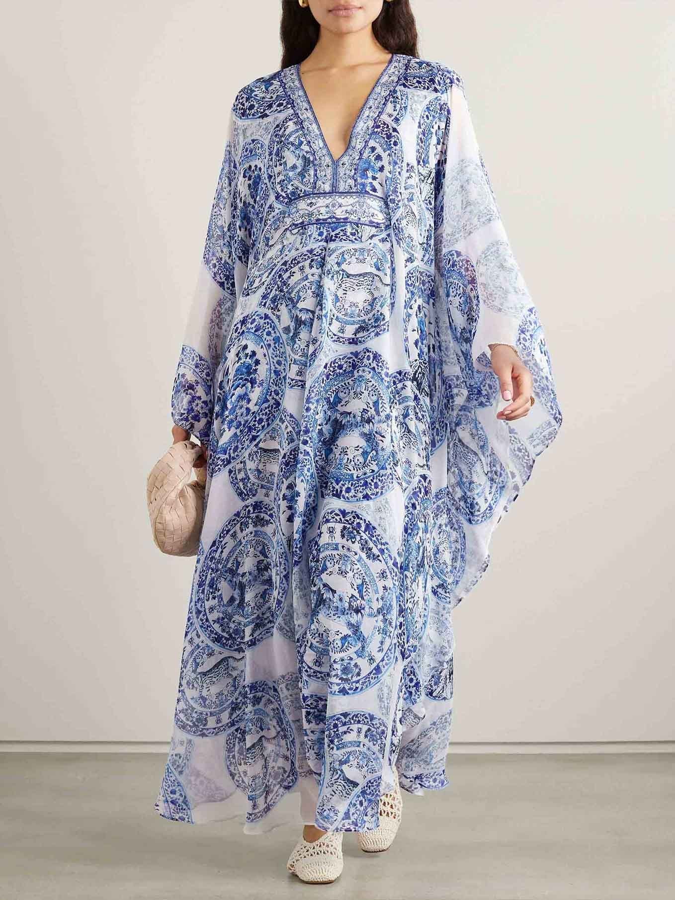 Chinoiserie Tiger Print Chiffon Deep V-Neck Batwing Kaftan Maxi Dress