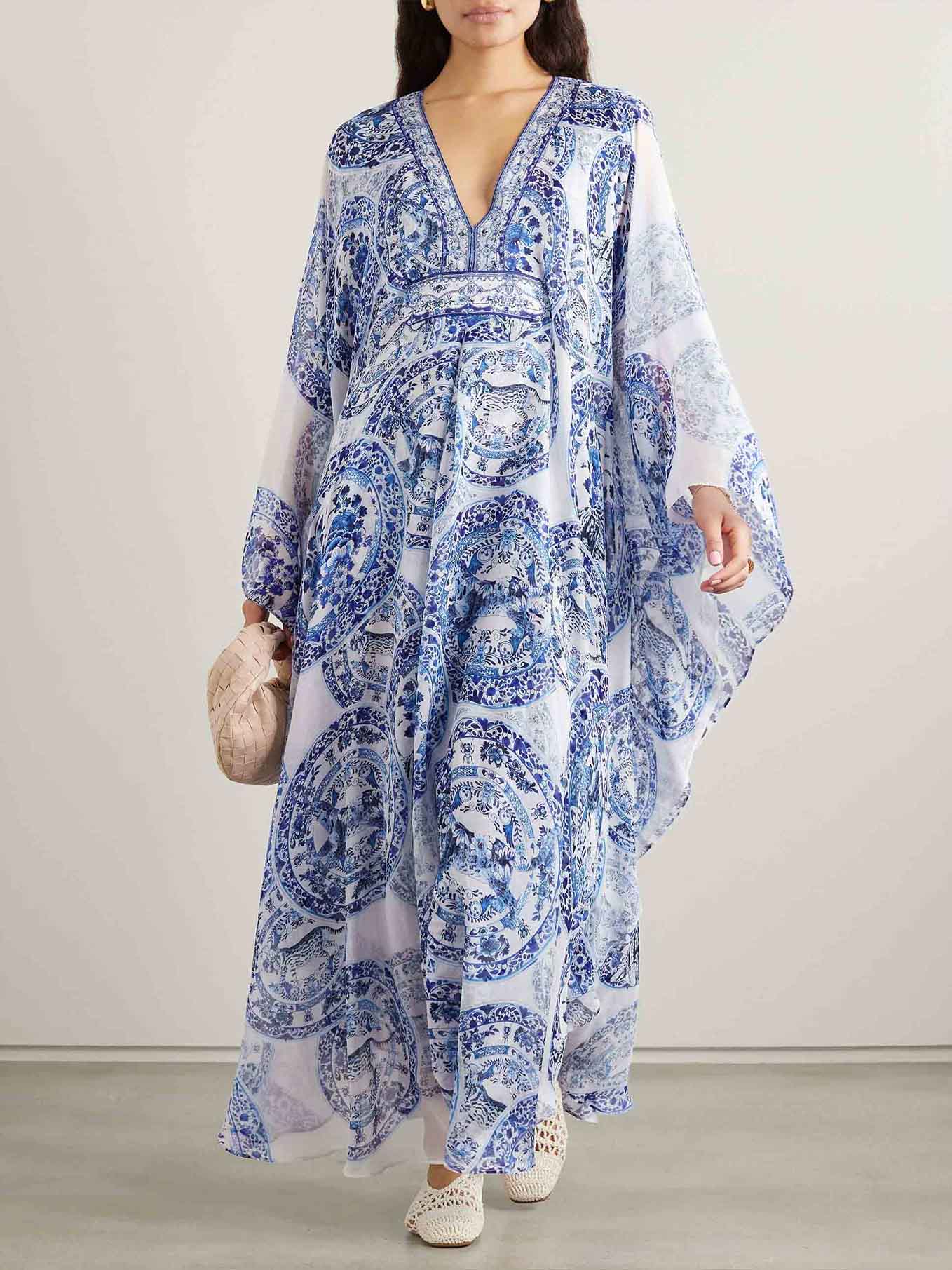 Chinoiserie Tiger Print Chiffon Deep V-Neck Batwing Kaftan Maxi Dress