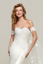 Simple Off Shoulder Satin Mermaid Detachable Train Wedding Dress