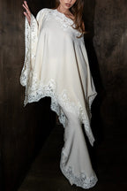 Like A Swan Satin Lace Trim High Rise Elastic Waist Drape Maxi Skirt