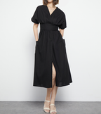 Women's Fashion V Neck Belted High Waist Short Sleeves  Linen Dress