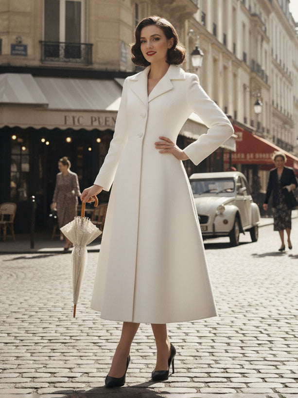 Vintage Classic Lapel A-line Woolen Flared Coat In White For Women 2026