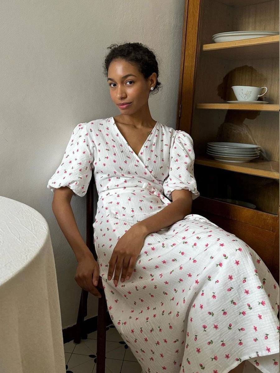 Pure Cotton Bandage Wrap-up Puff Sleeve Printed Comfort Maxi Dresses