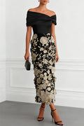 Classic 3D Floral Embroidery Off The Shoulder Short Sleeve Sheath Midi Dress