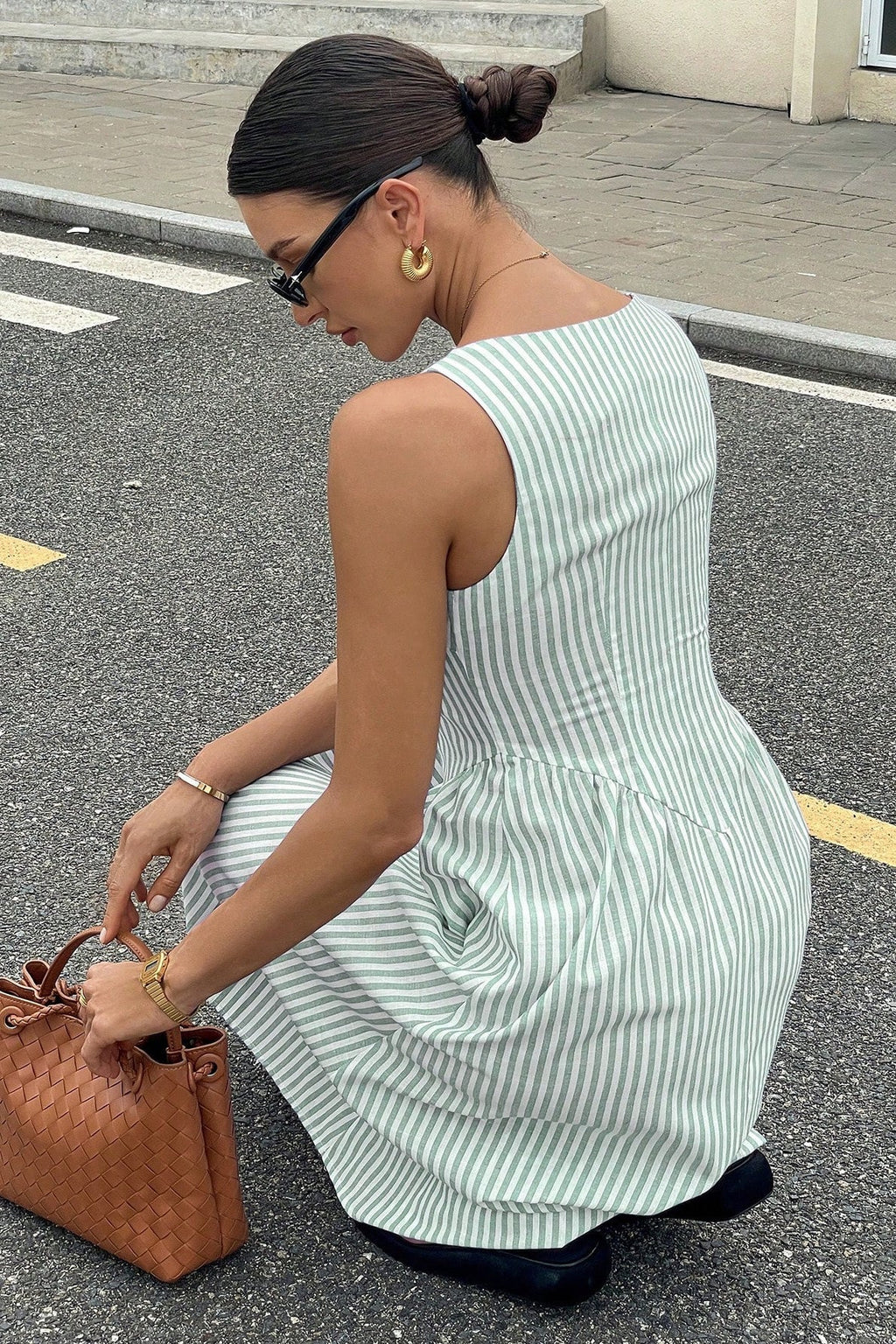 Square Neck Vertical Stripe Dropped Waist A Line Midi Dress