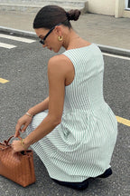 Square Neck Vertical Stripe Dropped Waist A Line Midi Dress