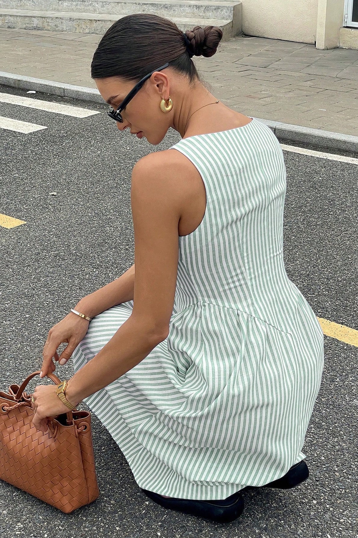 Square Neck Vertical Stripe Dropped Waist A Line Midi Dress