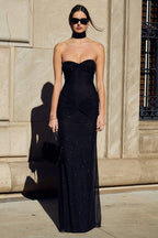 Strapless Sweetheart Lurex Ruched Sunburst Knot Hip Mermaid Maxi Gown