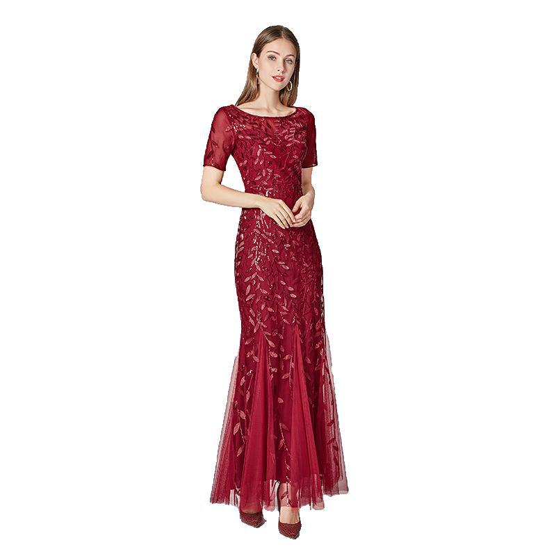 Priyanka Short Sleeves Mesh Sequined Evening