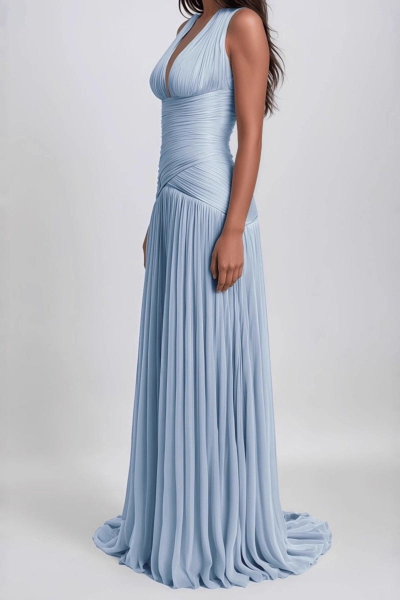 Deep V-Neck Ruched Cross Wrap Accordion Pleat Maxi Formal Gown