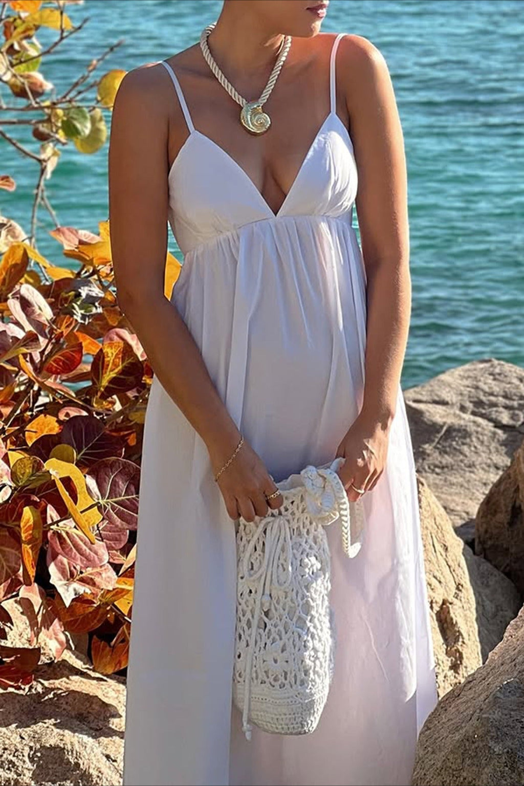 Spaghetti Strap Deep V Neck Empire Waist Flowy Maxi Dress