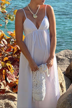 Spaghetti Strap Deep V Neck Empire Waist Flowy Maxi Dress