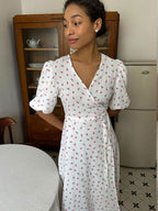 Pure Cotton Bandage Wrap-up Puff Sleeve Printed Comfort Maxi Dresses