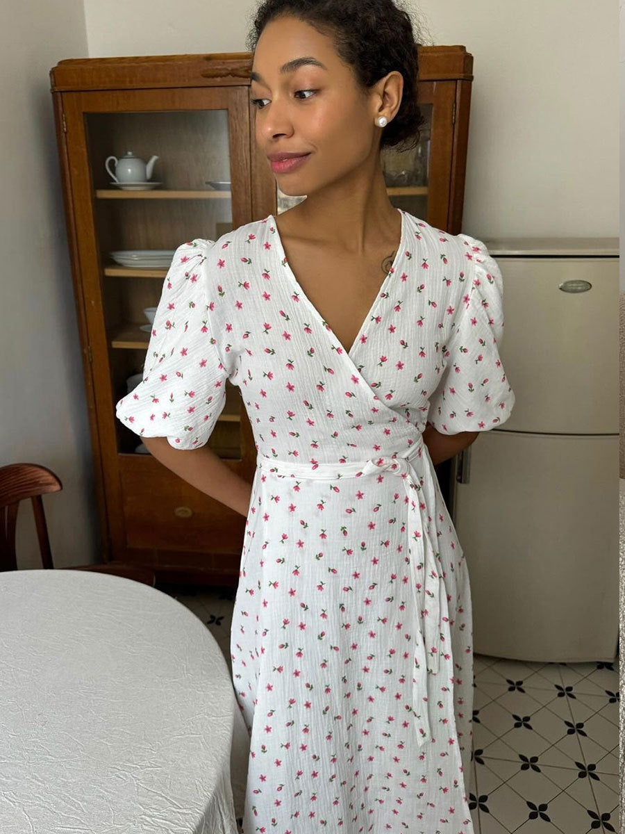 Pure Cotton Bandage Wrap-up Puff Sleeve Printed Comfort Maxi Dresses