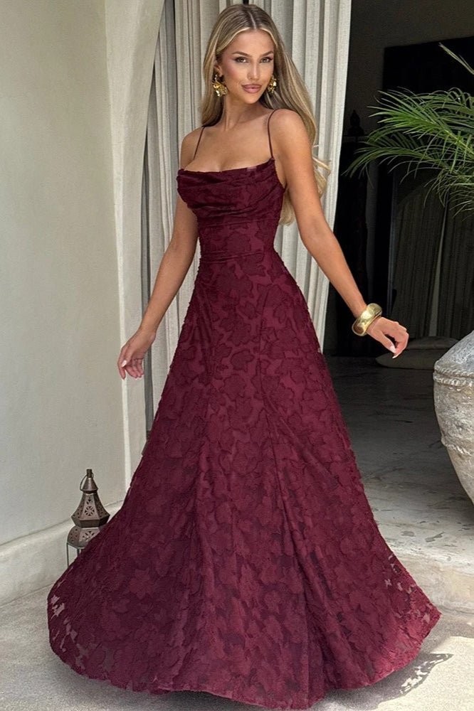 Lace Cowl Neck Spaghetti Strap A-Line Maxi Dress