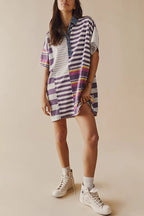Denim Collar Striped Patchwork Polo Rugby Mini Dress
