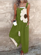 Floral Pattern Thick Strap Ruched Jumpsuit Casual Loose Fit Overall with Pockets
