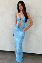 Blue Spaghetti Strap Deep V Twist Cutout Butterfly Print Bodycon Maxi Dress
