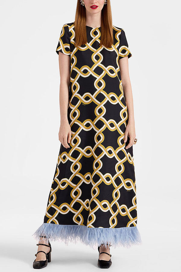Annalisa Satin Court Style Contrast Color Printed Short Sleeve Pocket Feather Trim Maxi Dress
