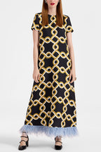 Annalisa Satin Court Style Contrast Color Printed Short Sleeve Pocket Feather Trim Maxi Dress