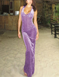 Velvet Floral Lace Panel Deep V Neck Halter Maxi Dress