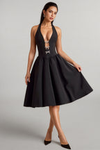 Helsa Black Halterneck Bow-Detail Midi Dress