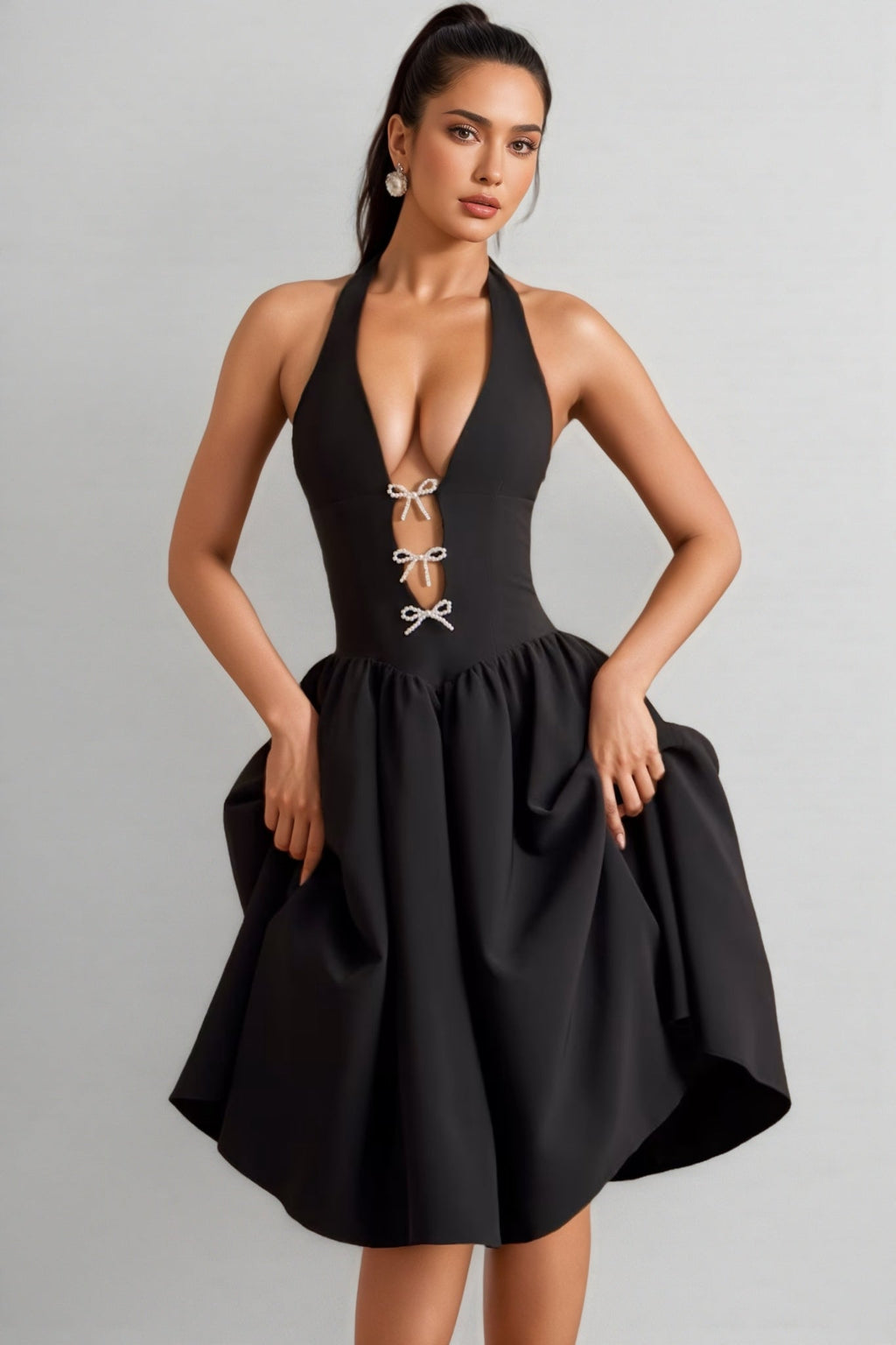 Helsa Black Halterneck Bow-Detail Midi Dress