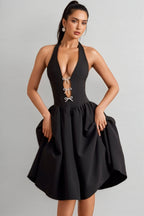 Helsa Black Halterneck Bow-Detail Midi Dress