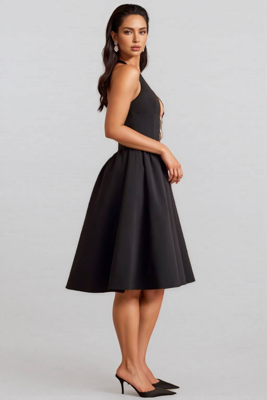 Helsa Black Halterneck Bow-Detail Midi Dress