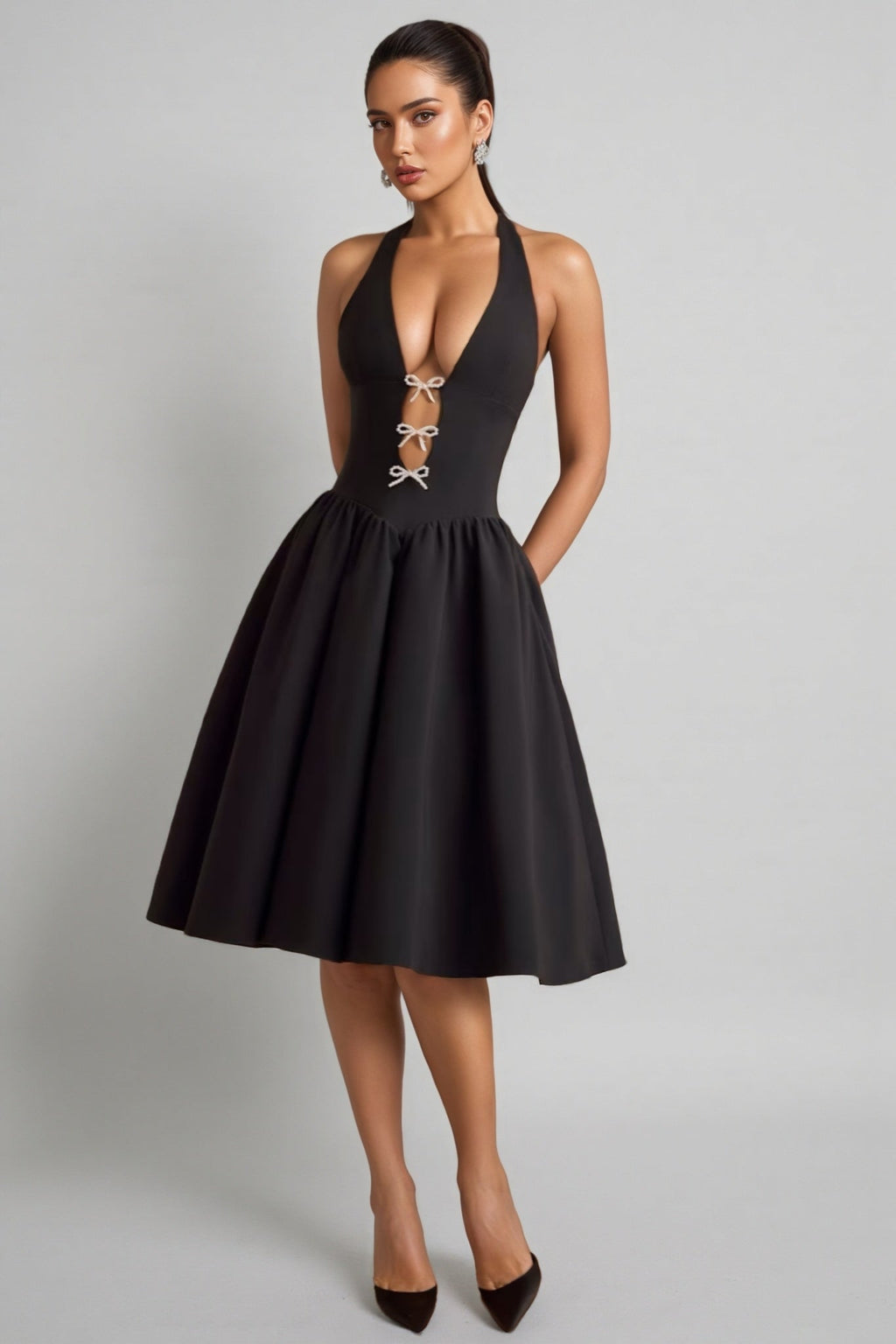 Helsa Black Halterneck Bow-Detail Midi Dress