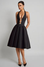 Helsa Black Halterneck Bow-Detail Midi Dress