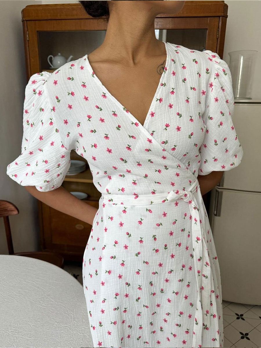 Pure Cotton Bandage Wrap-up Puff Sleeve Printed Comfort Maxi Dresses