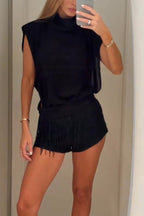 Solid Color Sleeveless Stand-up Collar Top and Casual Fringed Shorts Set