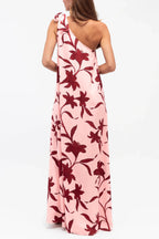 Botanical Print Sleeveless One-shoulder Tie-up Casual Vacation Maxi Dress