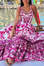 Tile Print Corset Bodice Tiered Ruffle Maxi Dress