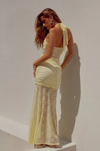 Lace Sweetheart Ruched High Slit Ruffle Trim Maxi Dress