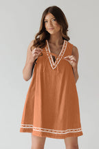 Embroidered V-Neck Tie Drawstring Lace Trim Pocket Chambray Mini Dress