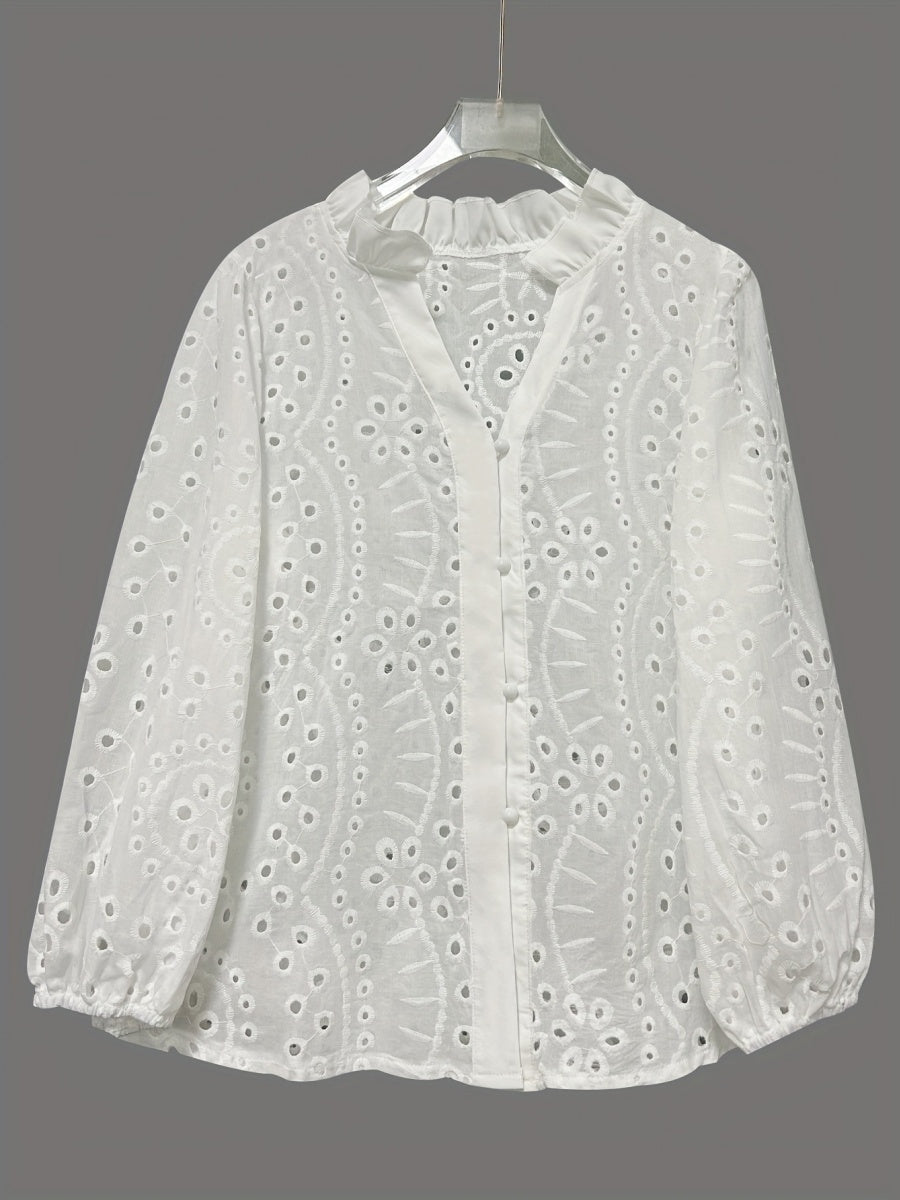 White Long-sleeved V-neck Lace Shirts