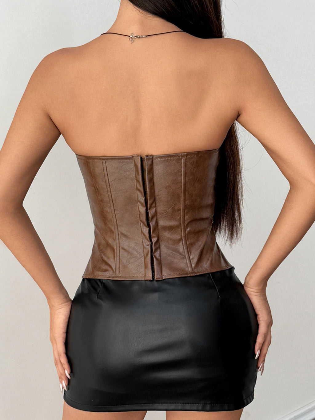 PU Leather Waist-cinching Strapless Top Fishbone Breastband Camis