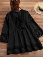 Tie-up Cotton And Linen Patchwork Lace Three-quarter Sleeve T-shirt