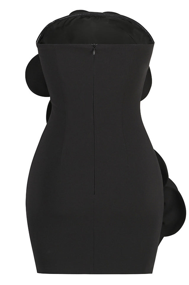 Strapless 3D Fabric Flower Applique Bodycon Mini Dress
