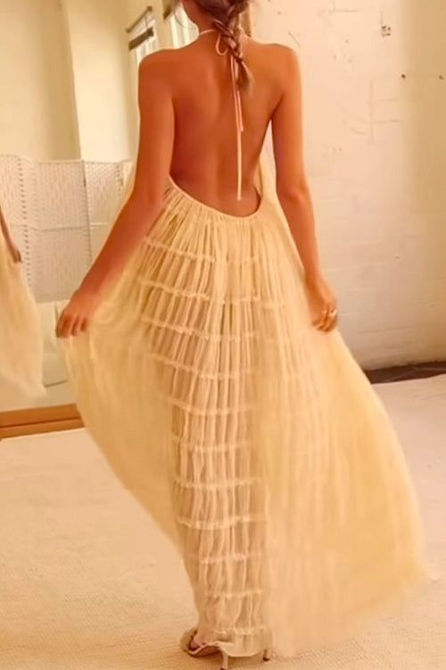 Halter Backless Ruffle Trim Swing Maxi Beach Cover Up Dress