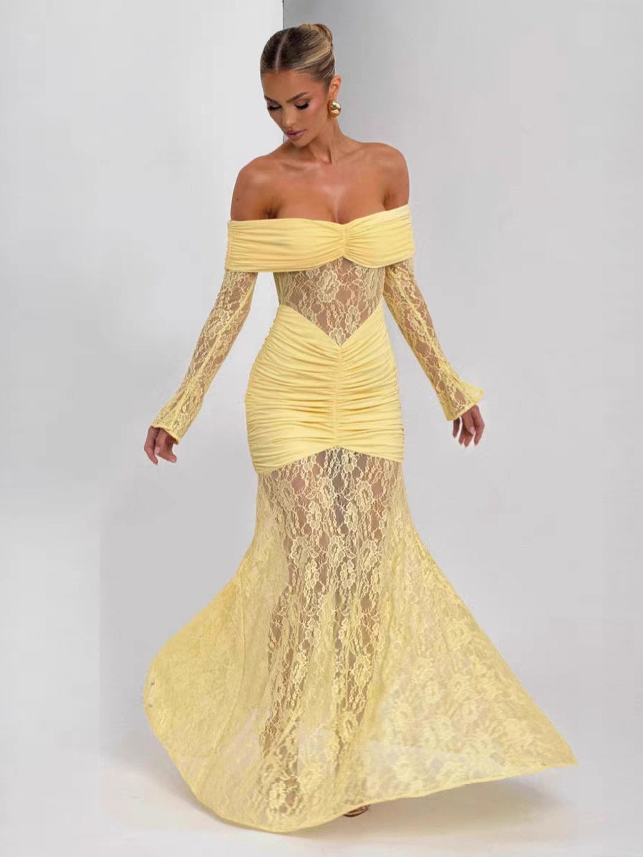Off Shoulder Hollow Lace Splicing Long Sleeve Hip-hugging Maxi Dresses