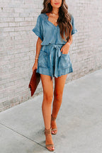 V Neck Short Sleeves Tie Waist Pockets Denim Romper