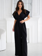 V-neck Commuting Wide Leg Jumpsuits