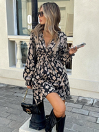 Ruffle Geometric Print Long Sleeve Mini&Short Dresses