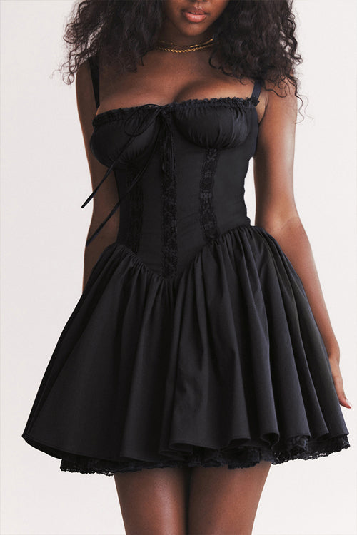 Lace Trim Corset Tie Front Bustier Gathered Skirt Mini Dress