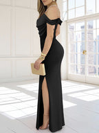Beaded Halter Top With Slit, Sexy, Waist-cinching, Hip-hugging Design Maxi Dresses