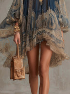 High-neck Printed Chiffon Loose-fitting Resort-style Shawl Long-sleeved Short Dress